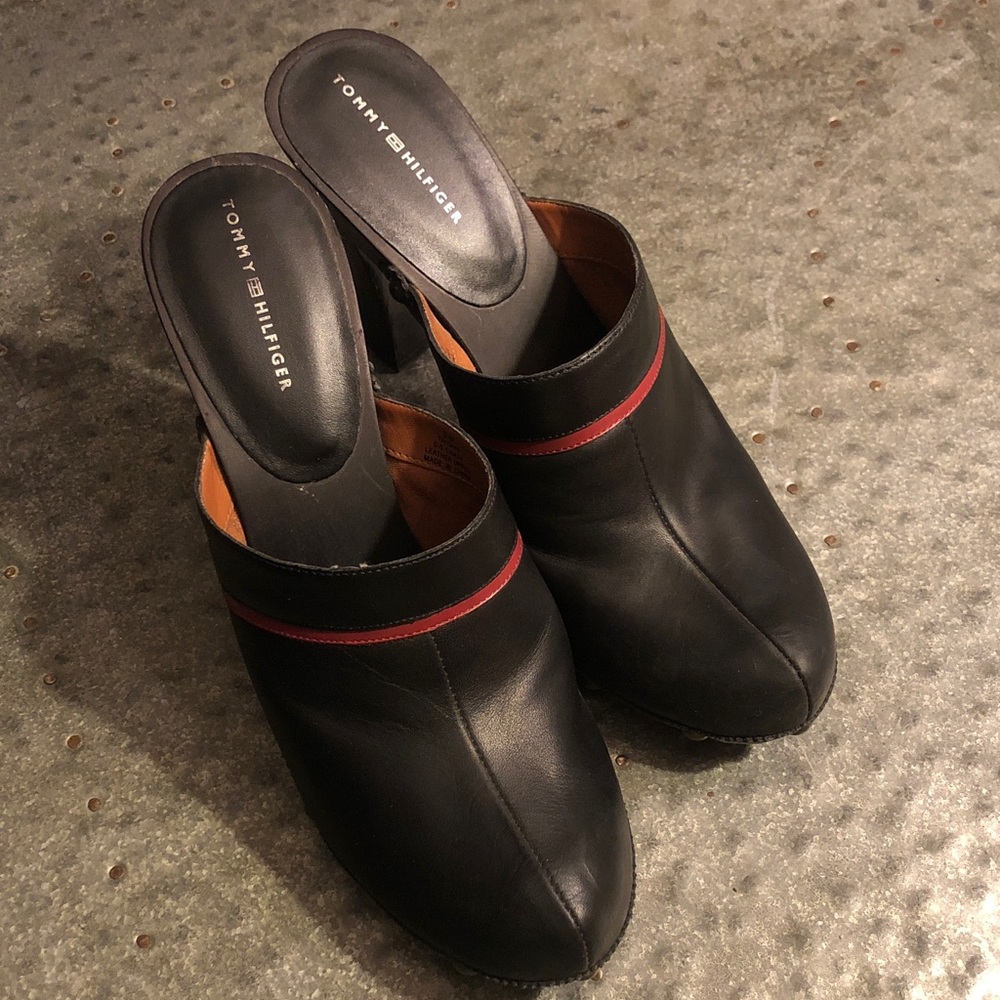 Tommy Hilfiger Black Leather Mule with Red Stripe and Brass Studs size 9
